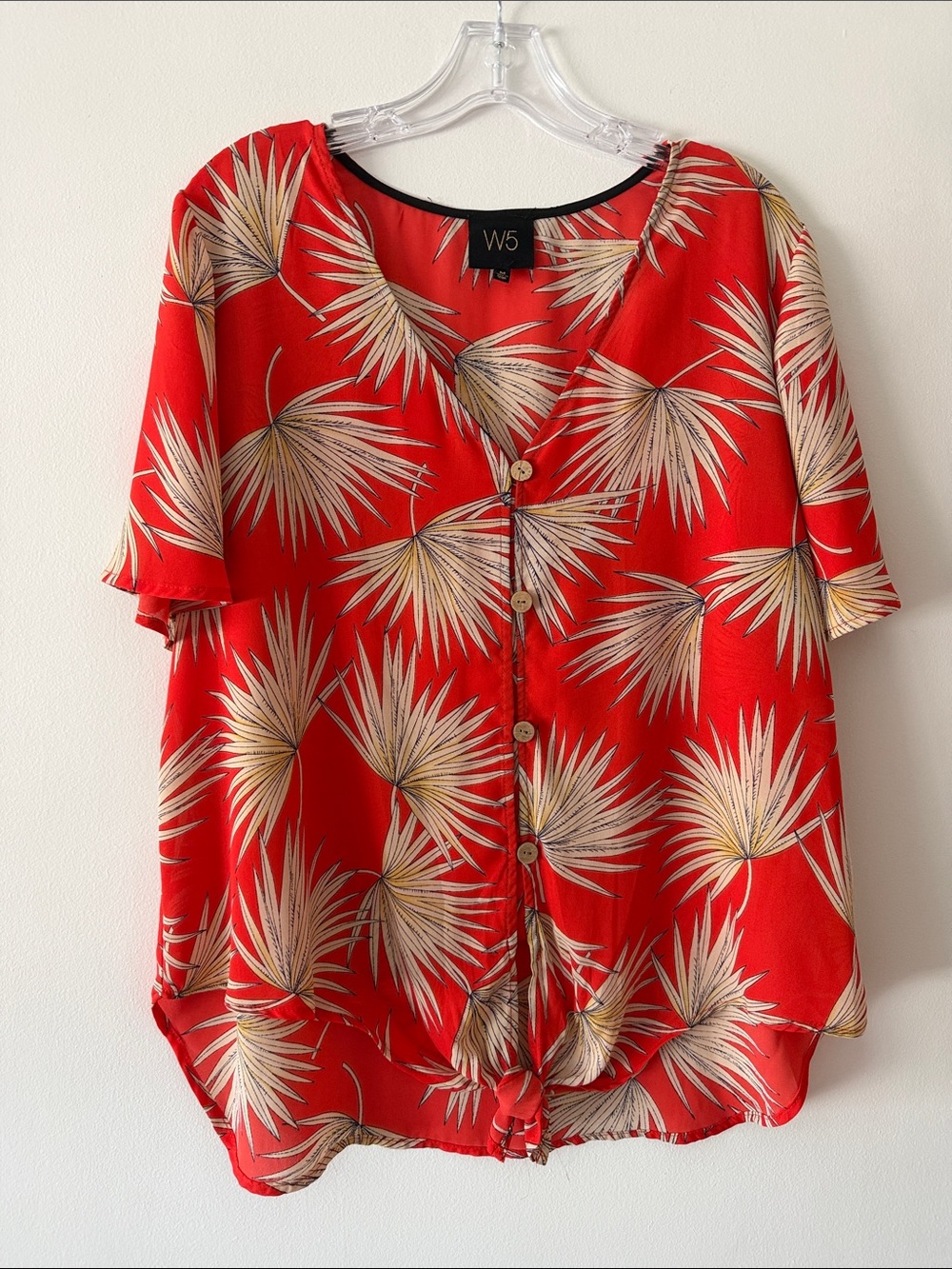 W5 Resortwear Tropical Palm Tie Front Blouse Terracotta Coral Boho Top M